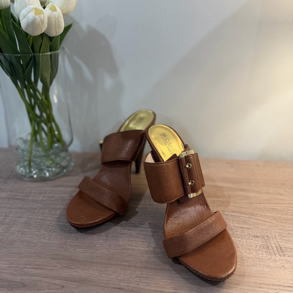 Michael Kors Brown Leather Buckle Mule Sandals